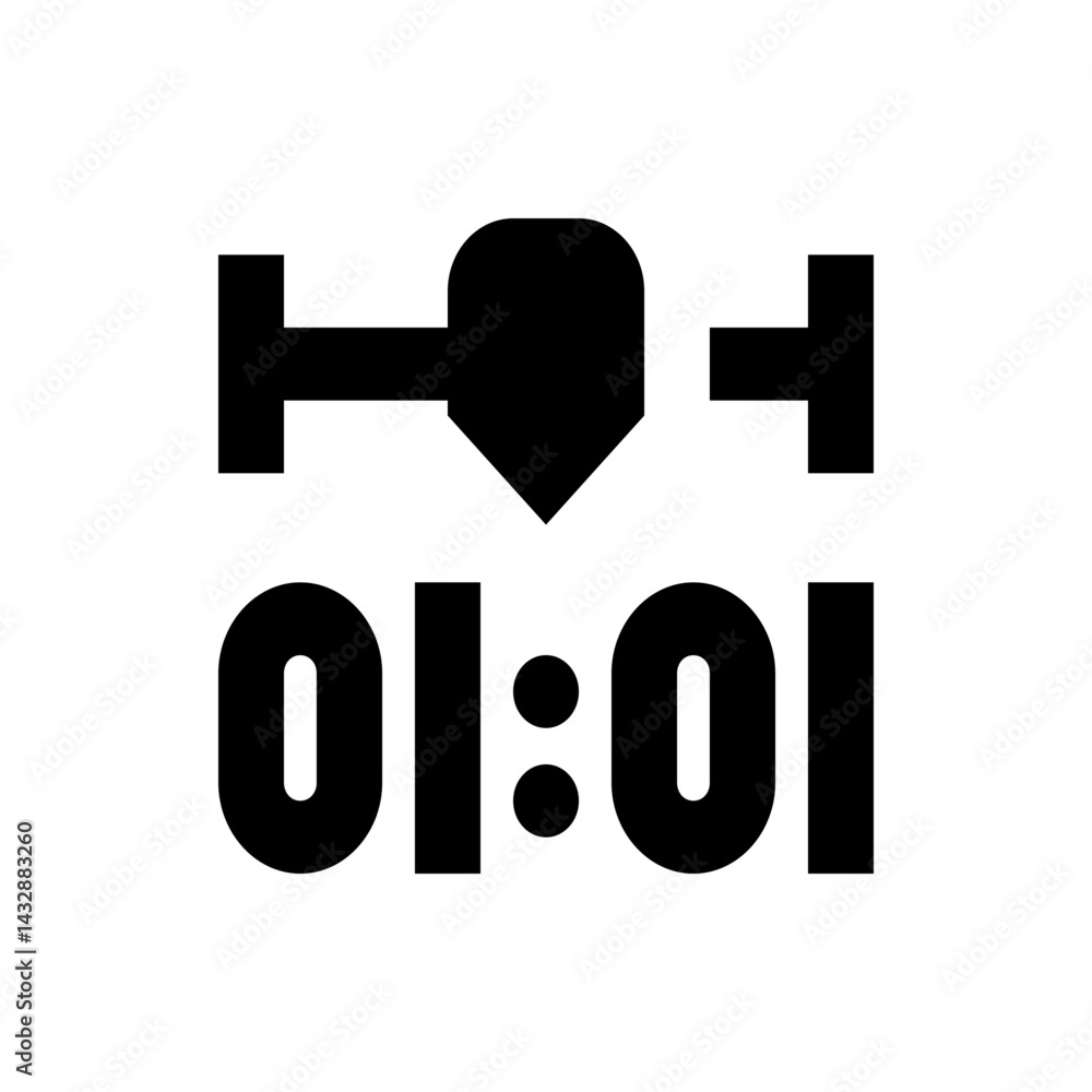 Poster black heart shape connected to horizontal bars above the time zero one colon zero one in black color