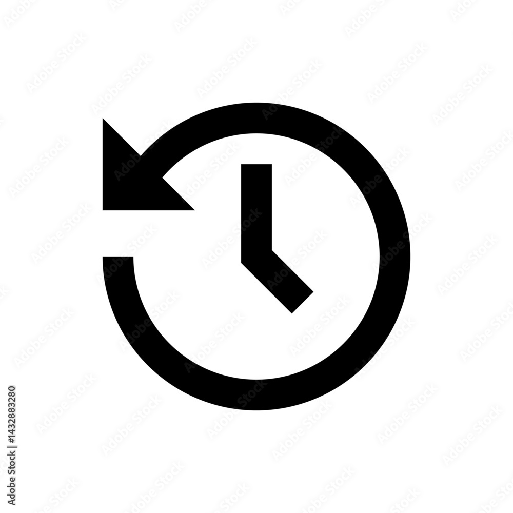 Poster clockwise circular arrow with clock hands indicating a time before the hour in black and white color