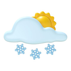 A 3D stylized image depicts a partly sunny winter scene with a light blue cloud releasing delicate blue snowflakes as a bright yellow sun peeks from behind.