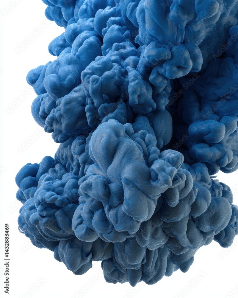 Poster ethereal blue ink cloud ascending in pristine white space creating a mesmerizing visual texture and 