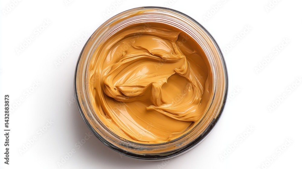 Poster creamy peanut butter in a glass jar on a white background capturing the smooth texture and rich colo