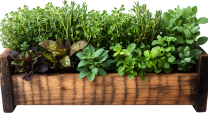A box planter filled with fresh herbs growing densely, isolated on white background