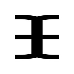 Illustration of a stylized black symbol with curved ends and a horizontal bar on a white background plain