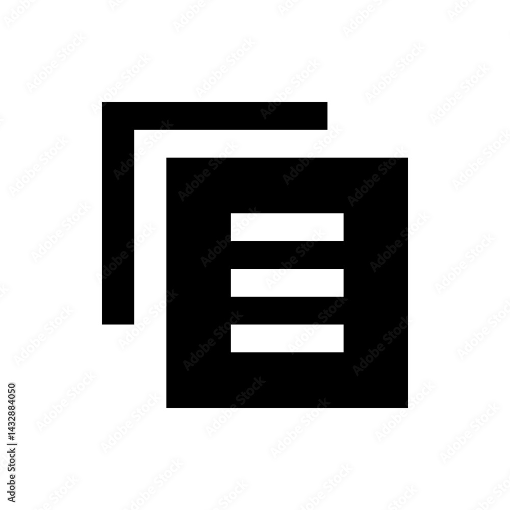 Poster black and white icon representing a document with three horizontal lines and a page overlapping it t