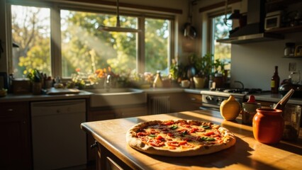 Pizza with tomato and basil on kitchen counter