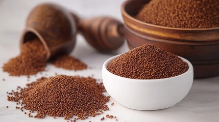 Teff grain abundance in wooden and ceramic bowls showcasing natural texture and earthy tones for healthy cooking ingredient and nutritional benefits