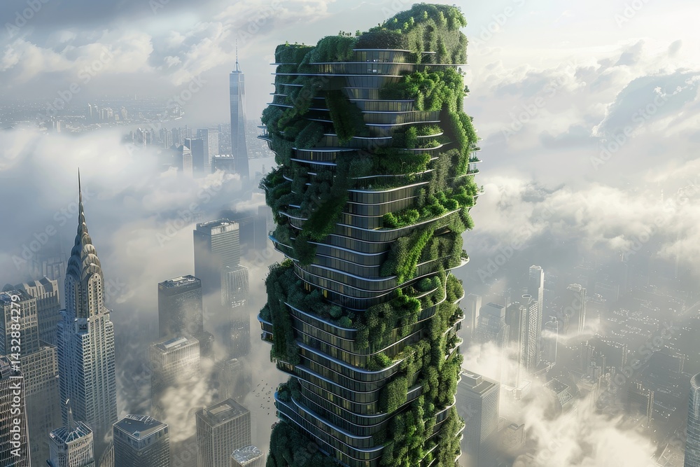 Poster a futuristic skyscraper blending nature and modern design with lush greenery, an organic, nature-ins