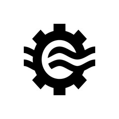 A black gear with two wavy lines passing through the center forming an abstract letter e shape design