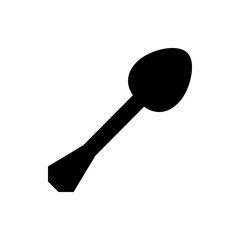 A simple black silhouette of a spoon with an oval head and a tapered handle on a white background view