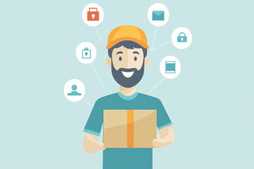 cheerful delivery person holds package, surrounded by icons representing security, communication, and information. This colorful illustration conveys sense of reliability and service