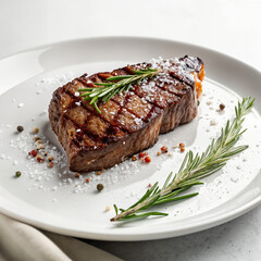 Side Angle Close-Up of a Juicy Grilled Steak with Rosemary and Sea Salt Flakes on White Ceramic Plate