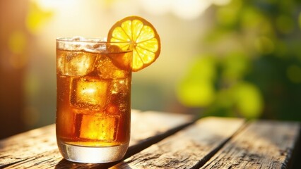 Glass of iced tea with lemon on wooden table