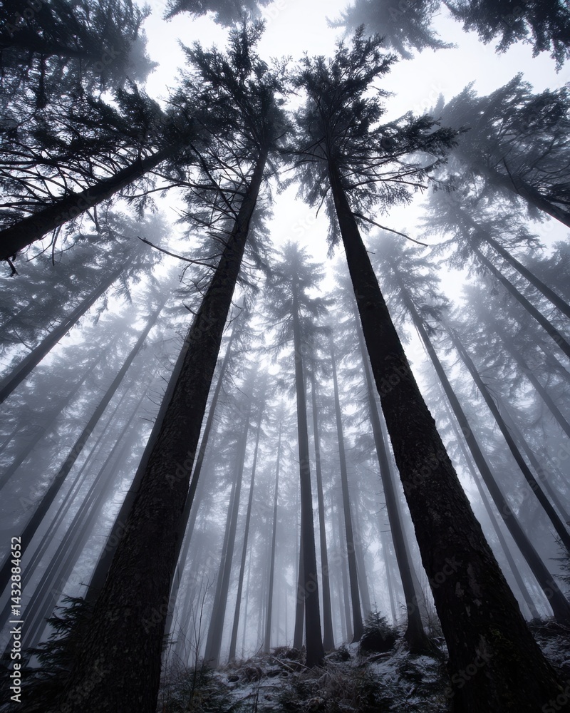 Poster ethereal forest canopy view with tall trees reaching towards a misty sky creating a serene and atmos