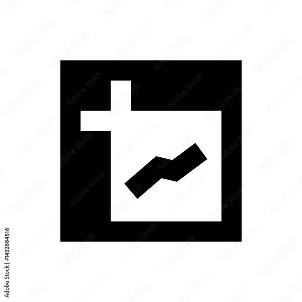 Poster abstract black and white graphic featuring a cross and a jagged line within a square border design e