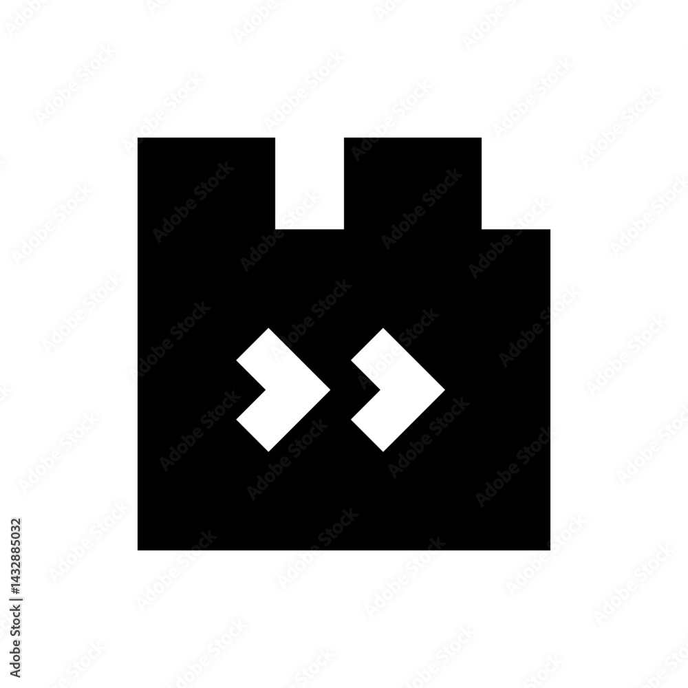 Poster black square with top protrusions and two white right pointing chevron symbols inside the square sha