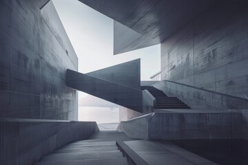 Fototapeta premium A geometric concrete staircase leading to a water view through a modern building, Design a geometric, abstract building that blurs the line between art and architecture