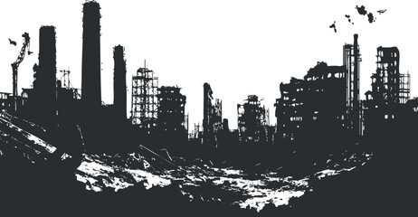 Silhouette of a destroyed city with ruins and debris depicting postapocalyptic urban destruction