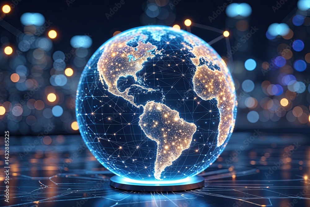 Poster illuminated global network visualization in digital space and worldwide connectivity
