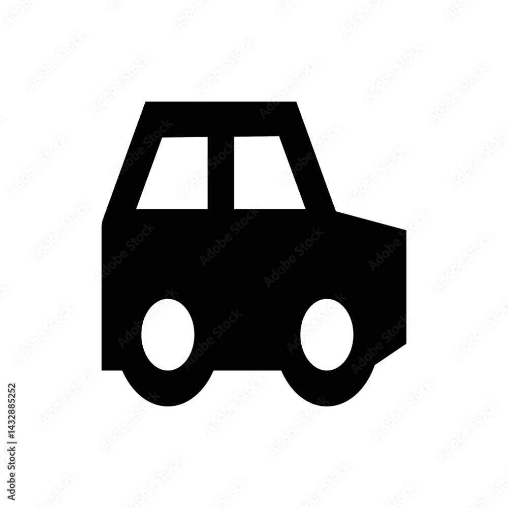 Poster simple black silhouette of a car with two round wheels and two rectangular windows on a white backgr