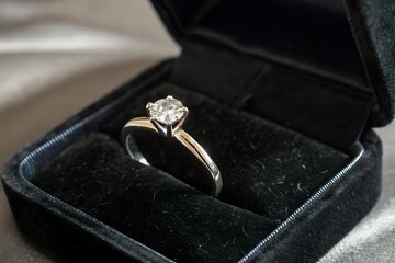 a single diamond ring in a black velvet case.
