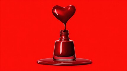 Crimson heart of passion flowing into a glossy nail polish bottle on a vibrant red background creating a romantic and alluring beauty concept with a modern artistic style