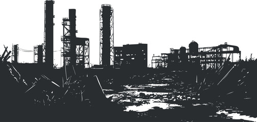 Silhouette of an industrial factory with chimneys and pipes against a white background