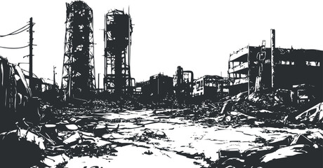 Black and white illustration of an abandoned urban area with ruins and destroyed buildings in a post-apocalyptic setting.