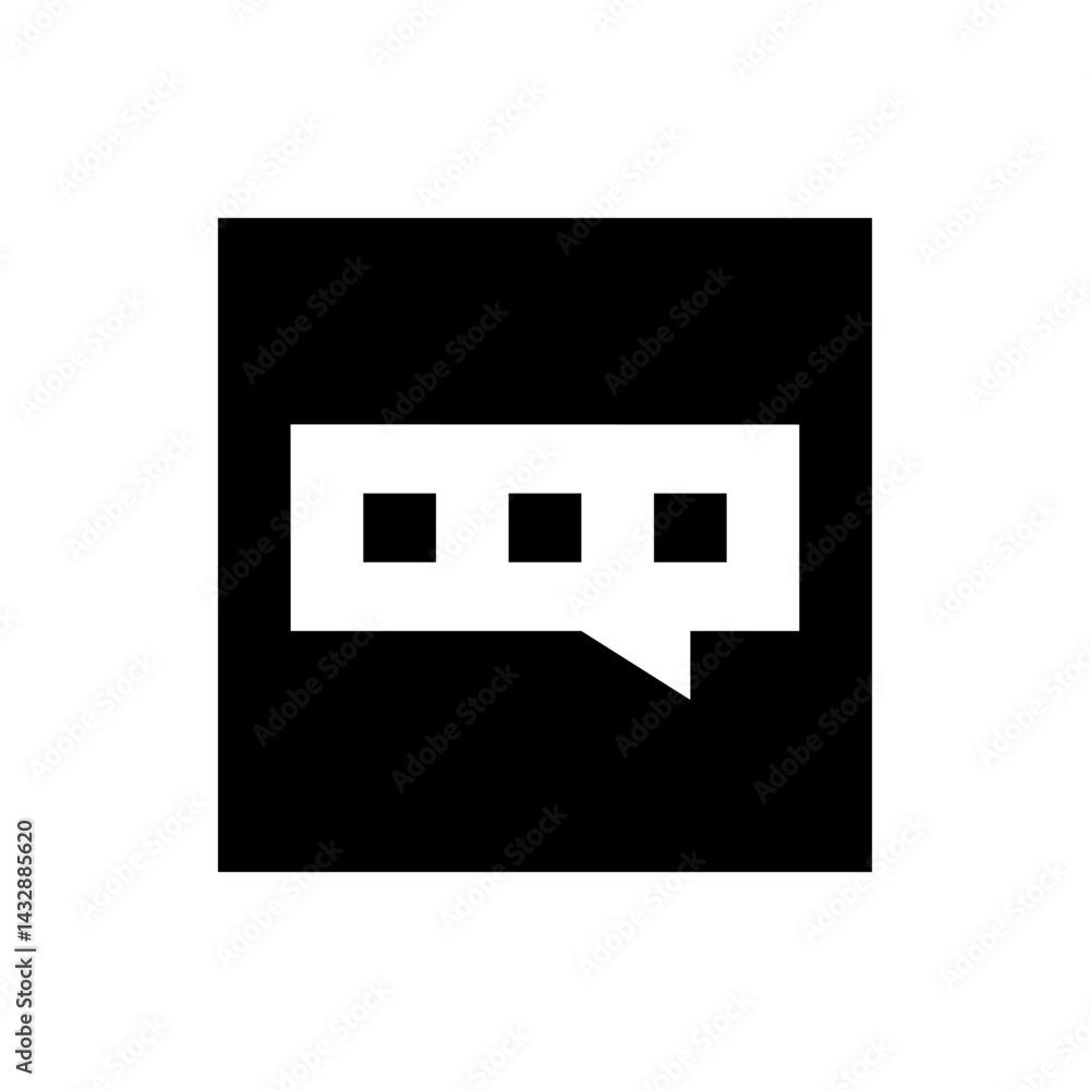 Poster black square containing a white speech bubble with three square dots inside representing communicati