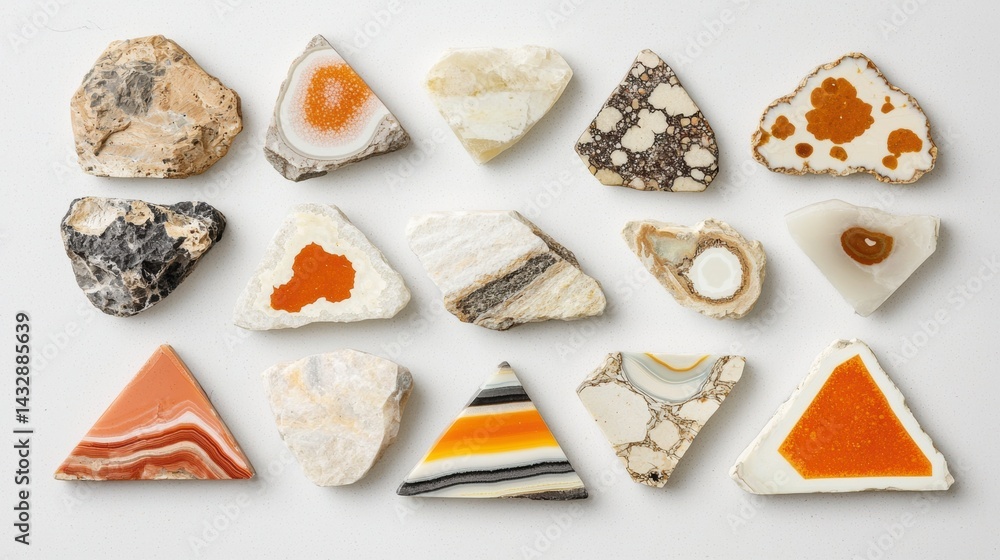 Poster a collection of 15 unique mineral specimens, each with its own distinct color and pattern, arranged 