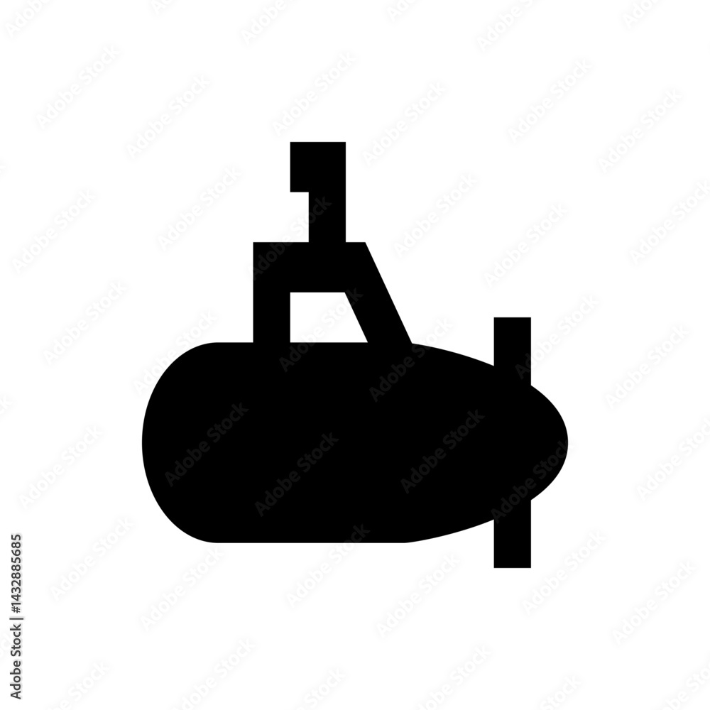 Poster a simple black submarine with a visible conning tower and stern planes on a white background view