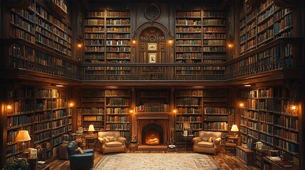 Grand Two Story Library with Fireplace and Cozy Seating