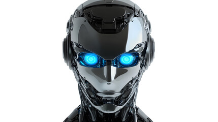 Realistic silver robot head with glowing blue eyes, symbolizing artificial intelligence and technology. Isolated on a transparent background.