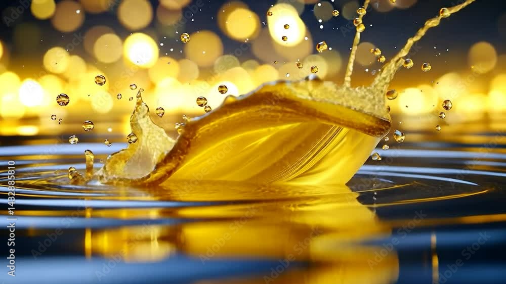 Poster golden liquid splash on dark surface with bokeh lights.