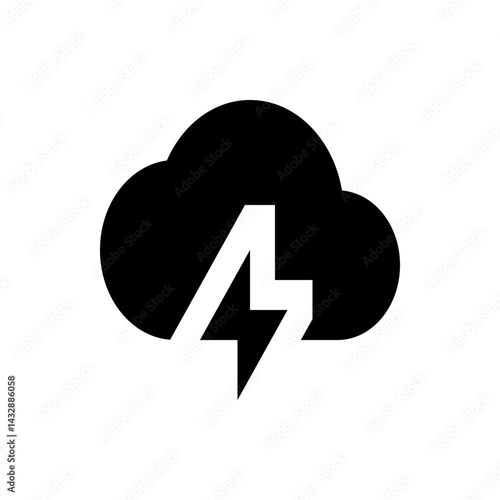 Poster illustration of a black cloud with a white lightning bolt passing through it on a white background p