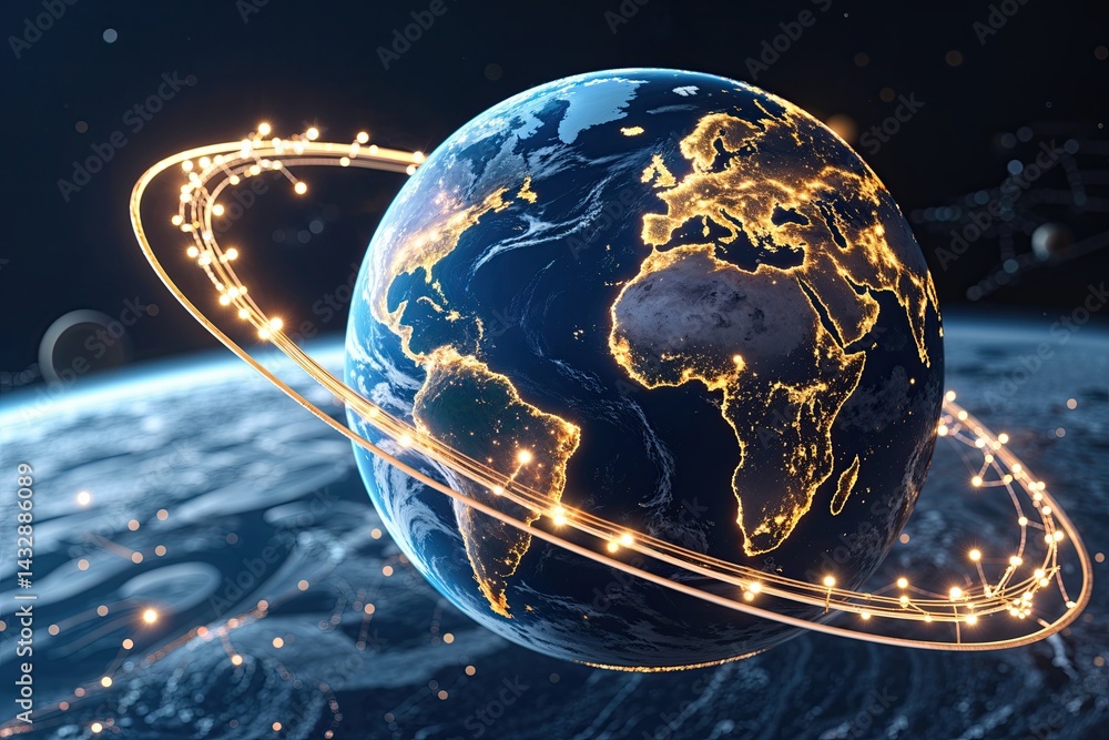 Poster dynamic global knowledge transfer sphere in motion with illuminated connections