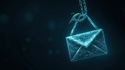 glowing envelope symbolizing phishing attacks, suspended by hook, represents dangers of online security threats and email scams. dark background enhances visual impact