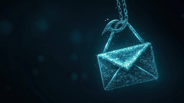 glowing envelope symbolizing phishing attacks, suspended by hook, represents dangers of online security threats and email scams. dark background enhances visual impact