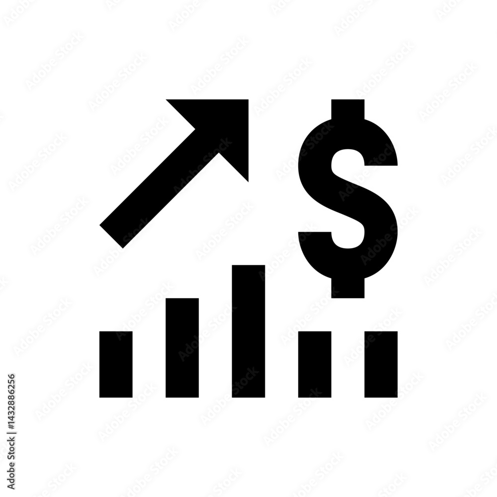 Poster black arrow pointing up to the right next to a dollar sign and a bar graph on a white background ima