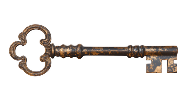 Rusty iron key with an antique design, symbolizing mystery and unlocking secrets. Isolated on a transparent background.