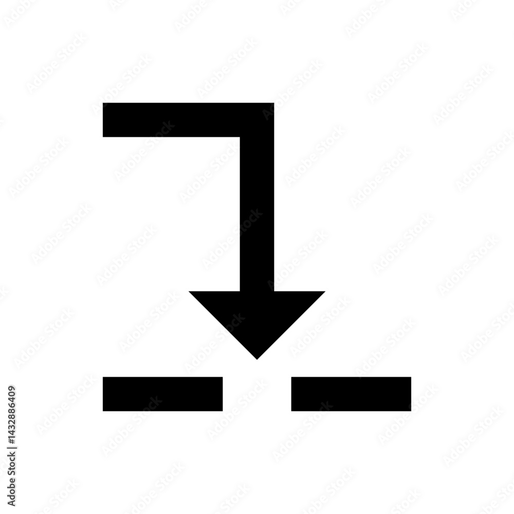Poster black arrow pointing downwards towards a gap between two horizontal lines in a simple illustration