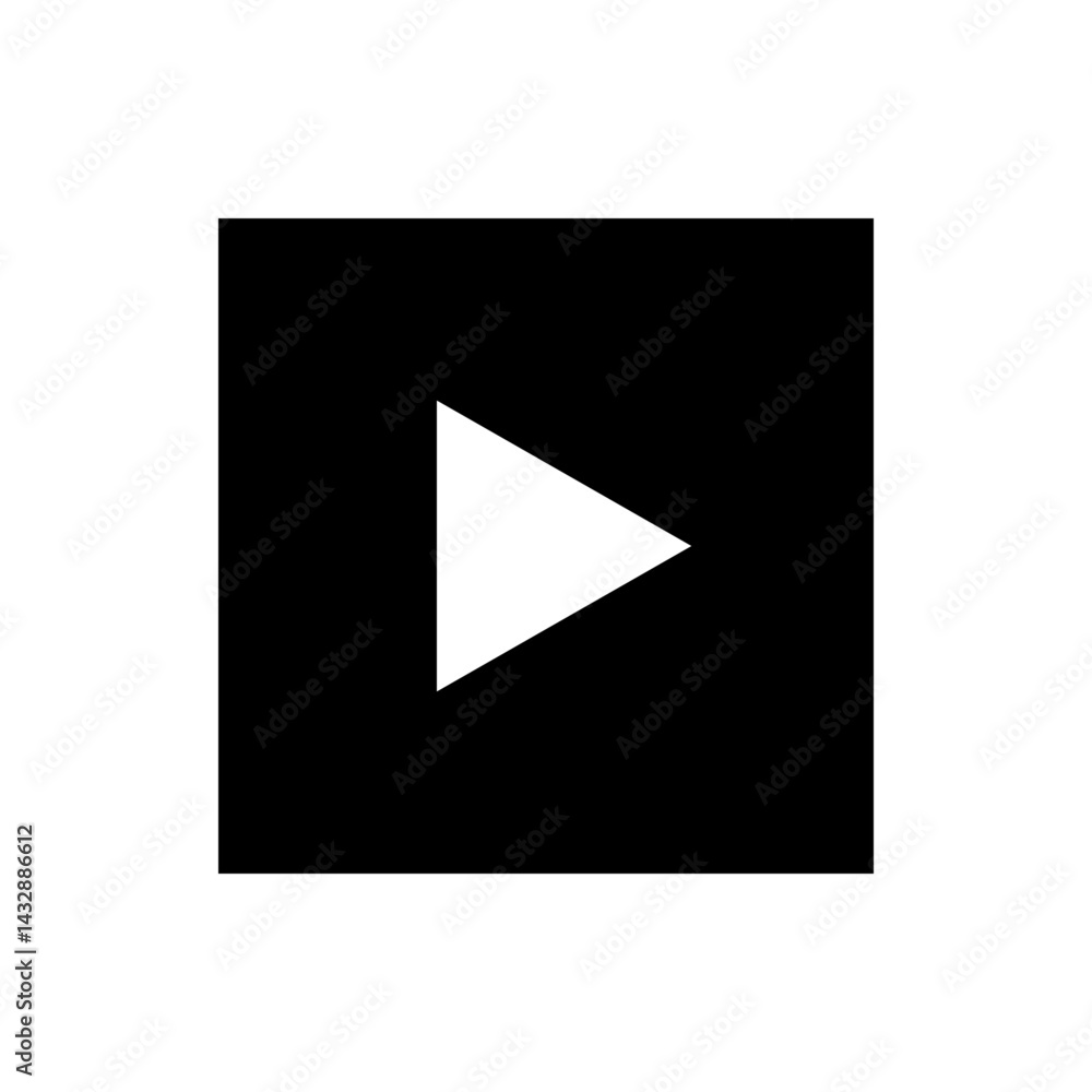 Poster white play button icon centered within a black square on a white background in a simple graphic styl