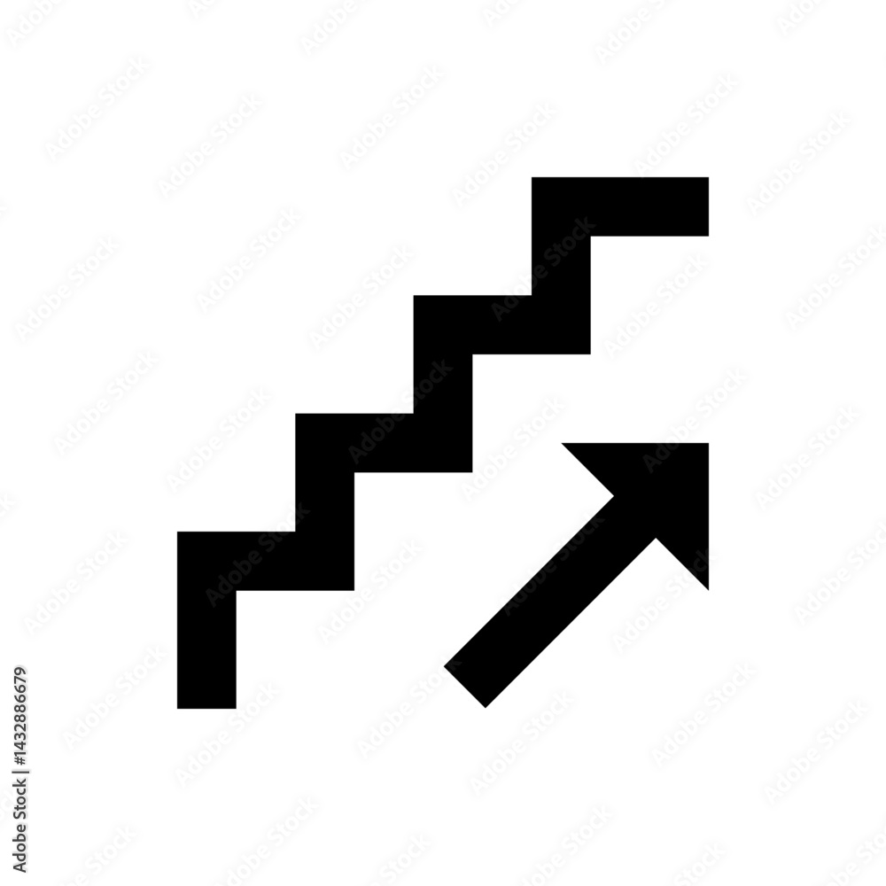 Poster black staircase icon with an arrow pointing upwards indicating progress or advancement on a white ba