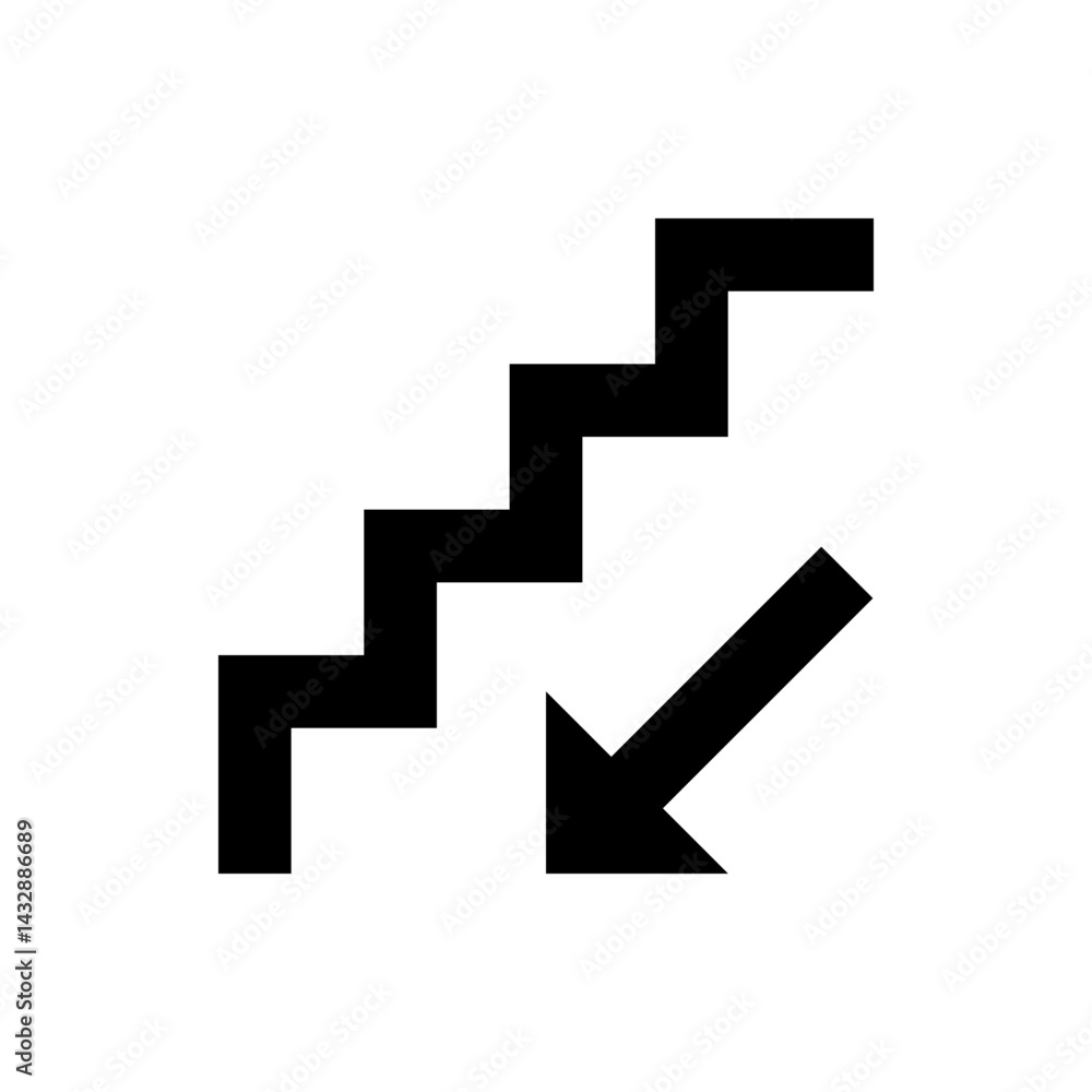 Poster black staircase icon with a downward pointing arrow indicating direction of descent on a white backg