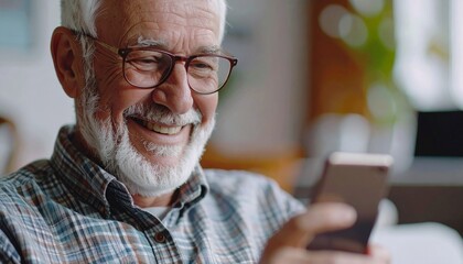 Hombre viejo sonriente utilizando un smartphone moderno