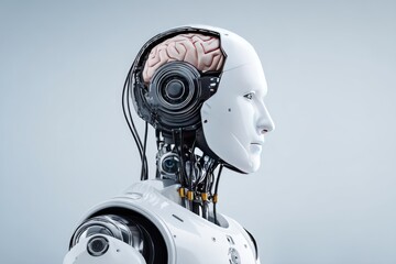 Profile view of a sophisticated robotic head with exposed internal components.