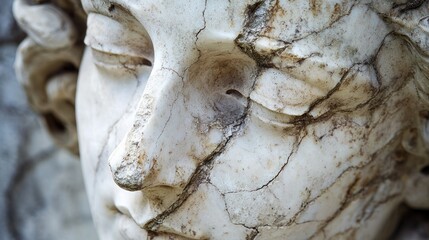 A marble statue face with cracks, symbolizing time and decay.