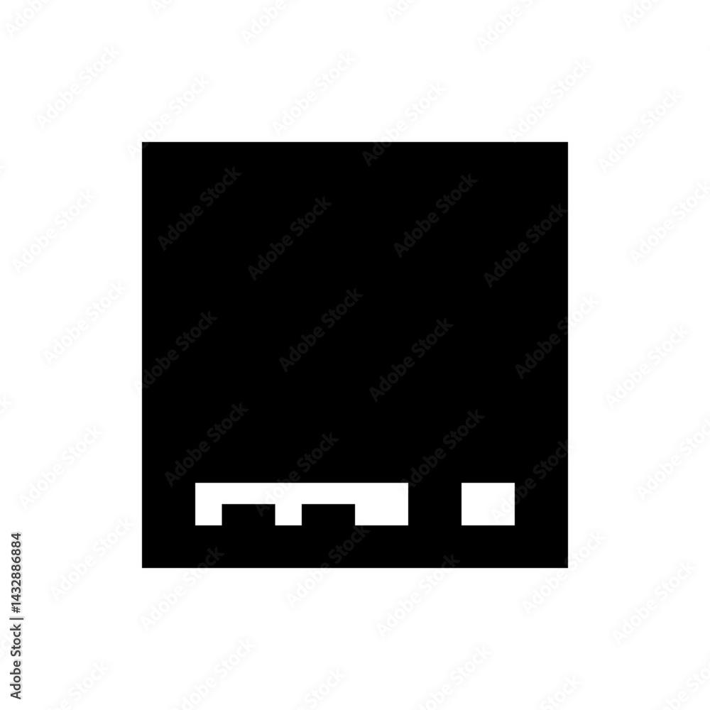 Poster black rectangle with three white geometric shapes along the bottom edge on a white background scene 