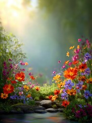 Obraz premium Enchanting floral vista with vibrant cosmos flowers in a serene garden landscape with soft light and tranquil atmosphere evoking peace and beauty