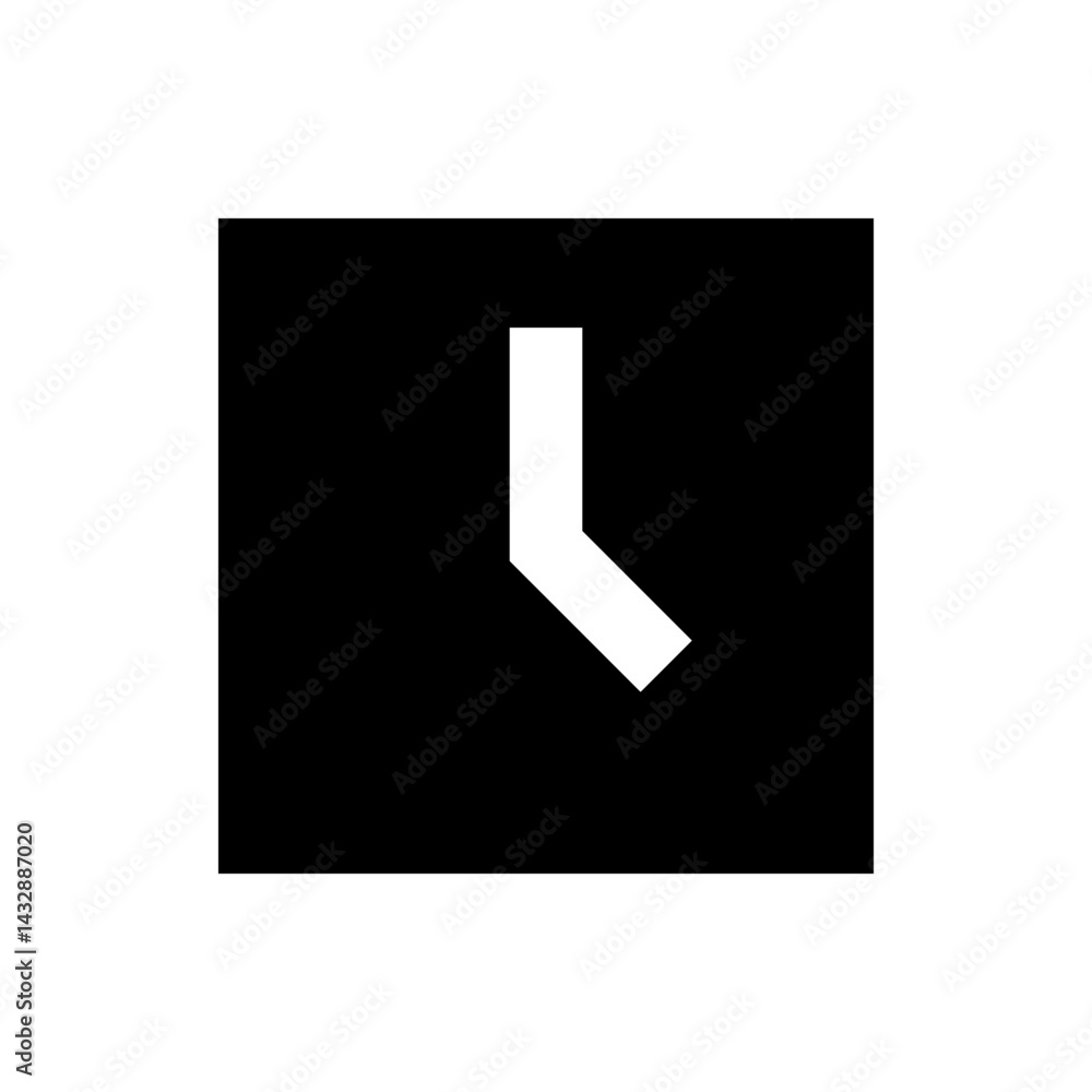 Poster clock icon with short white hand pointing to the left and down in a black square background time sym