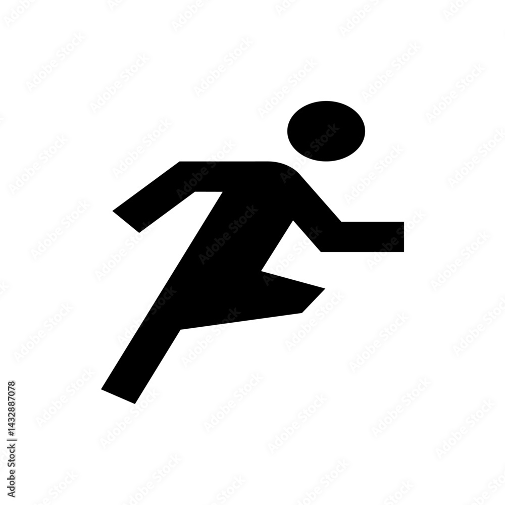 Poster illustration of a black figure in motion with a circular head and angular limbs against a white back